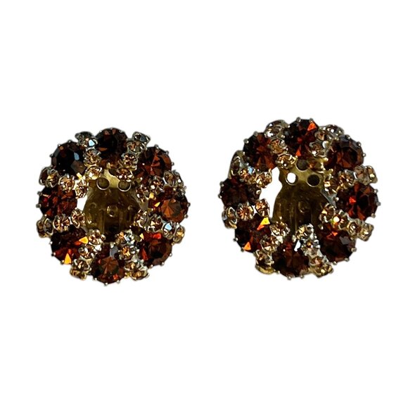 Weiss Rhinestone Clip-On Earrings Circular Gold Tone Amber Color & Clear VTG - Picture 4 of 8